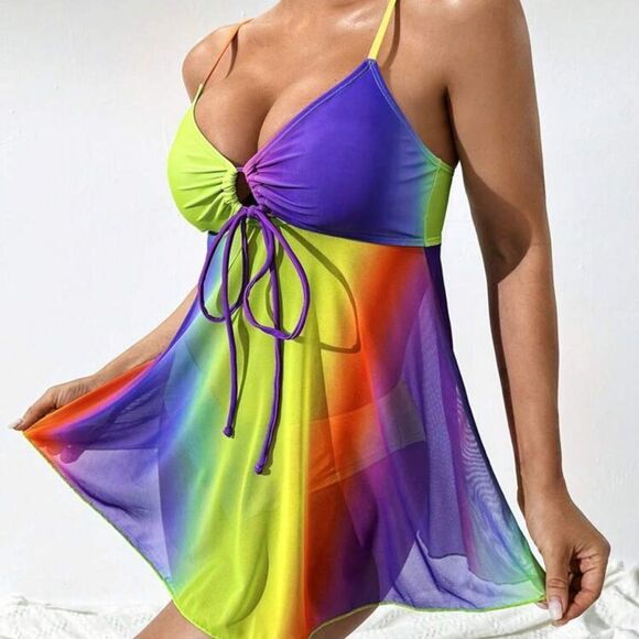 Y2K Rainbow Ombre Mermaidcore Cosplay Drawstring Bikini Cami Swimsuit Set - Picture 4 of 11